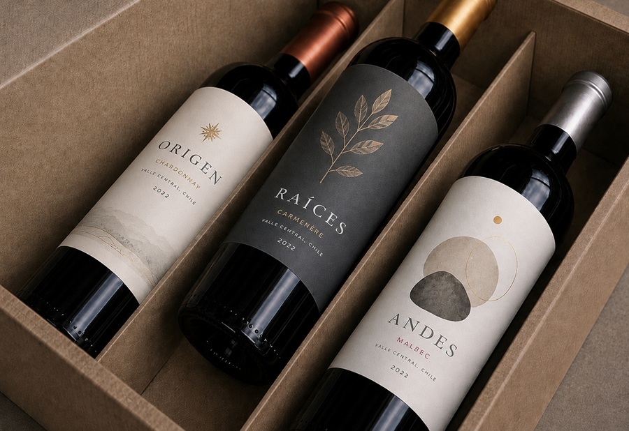 Tres botellas de vino Origen Chardonnay, Raíces Carménère y Andes Malbec dispuestas en una elegante caja con separadores individuales.
